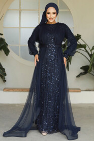  Long Navy Blue Modest Bridesmaid Dress 56291L - 1