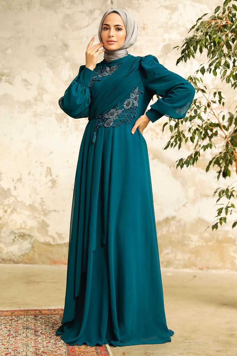  Long Petrol Blue Muslim Women Clothing Prom Dress 25838PM