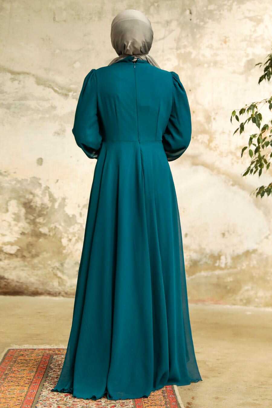  Long Petrol Blue Muslim Women Clothing Prom Dress 25838PM