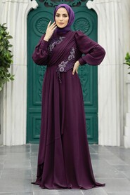  Long Plum Color Hijab Prom Dress 25838MU - 1
