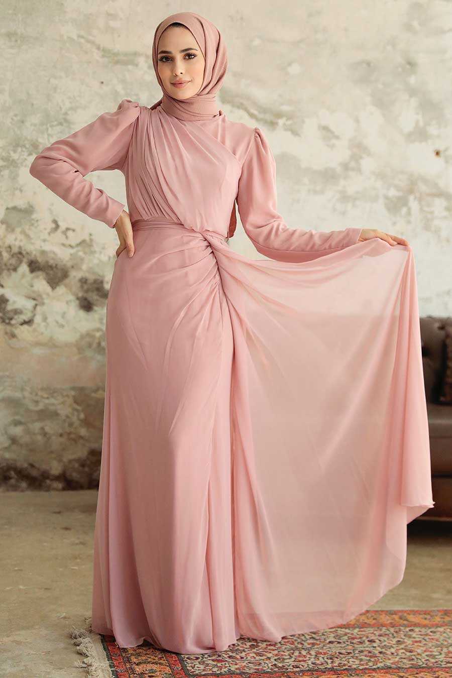 Neva Style - Long Powder Pink Islamic Wedding Dress 5736PD