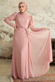 Neva Style - Long Powder Pink Islamic Wedding Dress 5736PD - Thumbnail