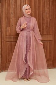  Long Powder Pink Modest Bridesmaid Dress 56291PD - 1