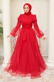  Long Red Hijab Evening Dress 22331K - 1