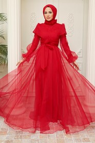  Long Red Hijab Evening Dress 22331K - 3