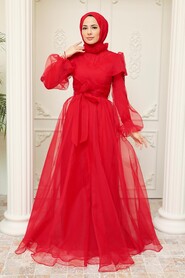  Long Red Hijab Evening Dress 22331K - 2
