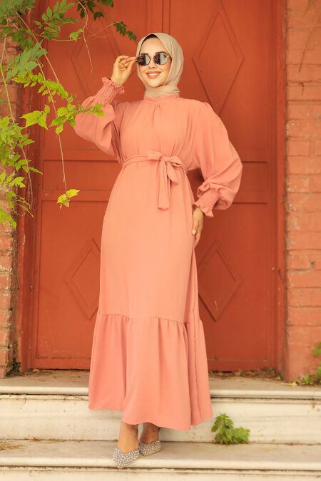  Long Salmon Pink Hijab Dress 5972SMN - NEVA STYLE