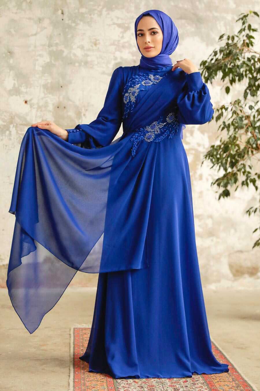  Long Sax Blue Hijab Prom Dress 25838SX