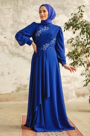  Long Sax Blue Hijab Prom Dress 25838SX - Thumbnail