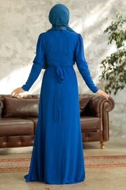  Long Sax Blue Islamic Wedding Dress 5736SX - 4