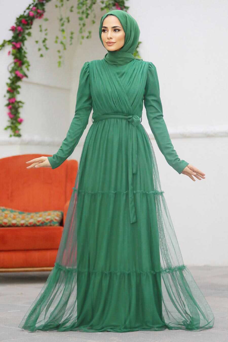 Neva Style - Long Sleeve Almond Green Muslim Evening Dress 55621CY