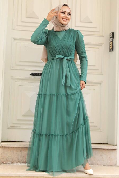  Long Sleeve Almond Green Muslim Evening Dress 55621CY - NEVA STYLE