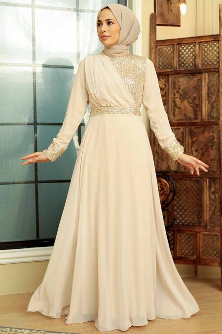 Long Sleeve Beige Muslim Bridal Dress 5793BEJ - Neva-style.com Long Sleeve Beige Muslim Bridal Dress 5793BEJ - Neva-style.com