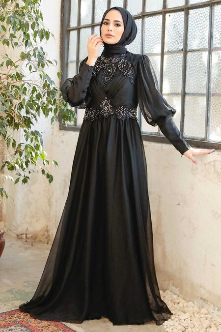  Long Sleeve Black Muslim Evening Dress 25822S - NEVA STYLE