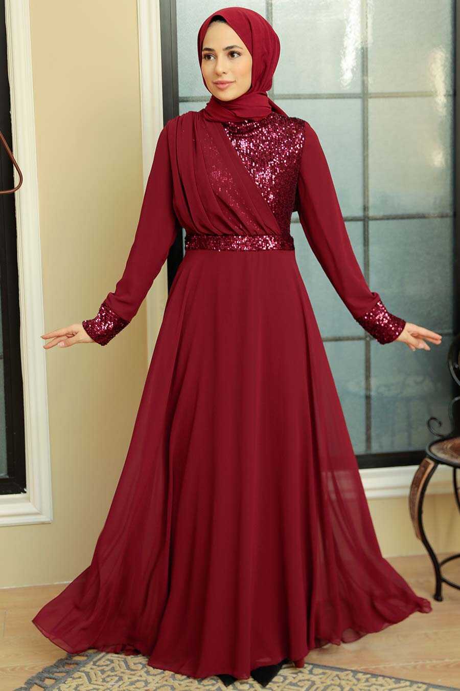  Long Sleeve Claret Red Muslim Bridal Dress 5793BR
