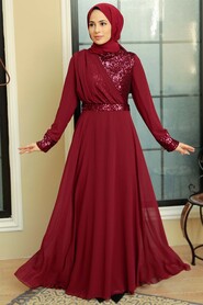  Long Sleeve Claret Red Muslim Bridal Dress 5793BR - Thumbnail