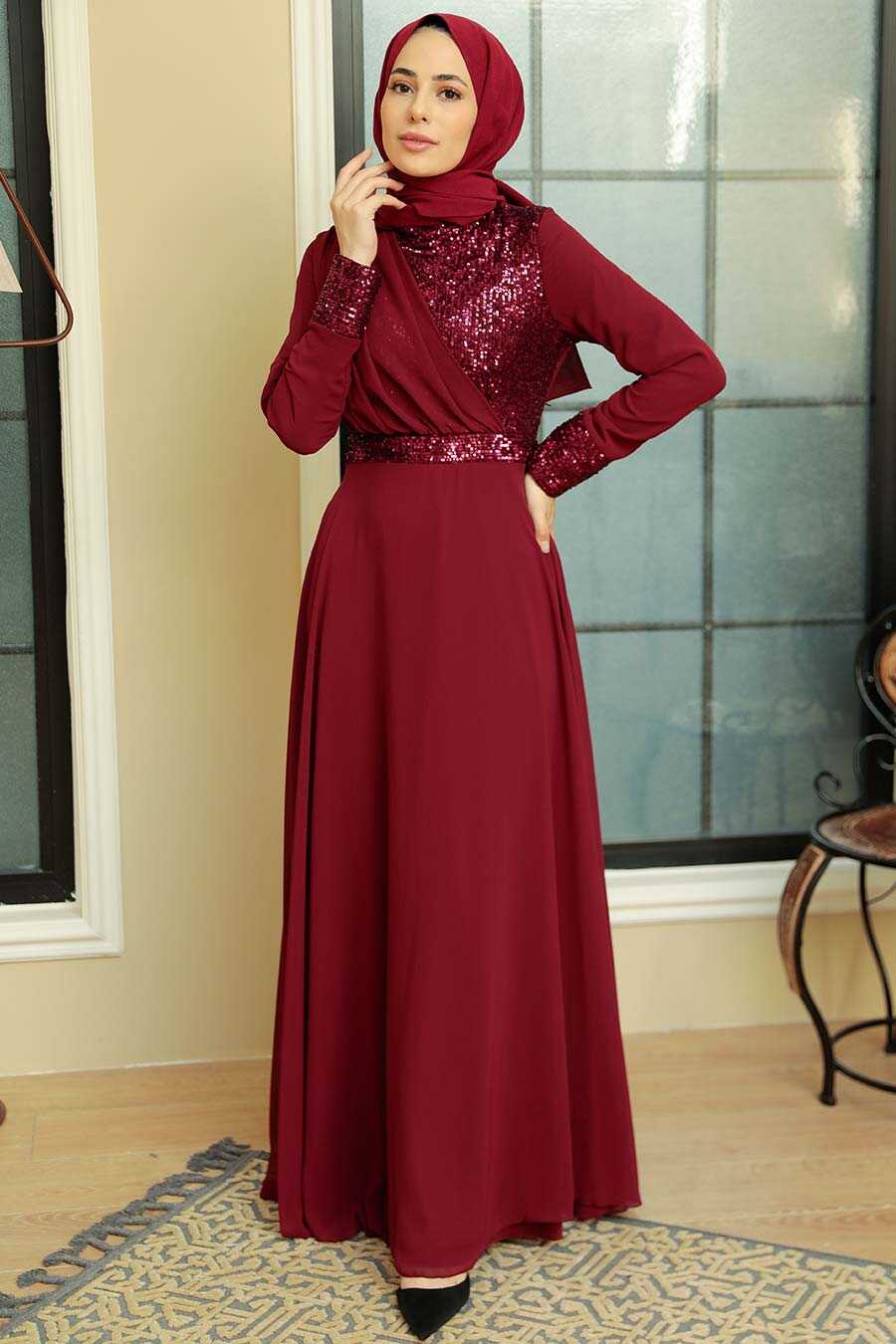  Long Sleeve Claret Red Muslim Bridal Dress 5793BR
