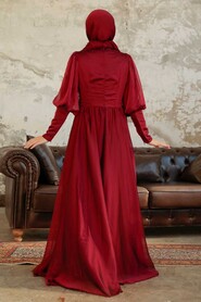 Neva Style - Long Sleeve Claret Red Muslim Evening Dress 25822BR - Thumbnail