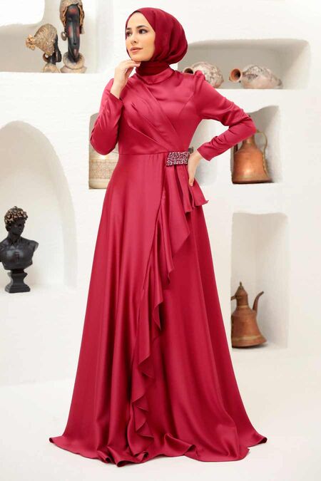  Long Sleeve Claret Red Muslim Wedding Gown 22431BR - NEVA STYLE