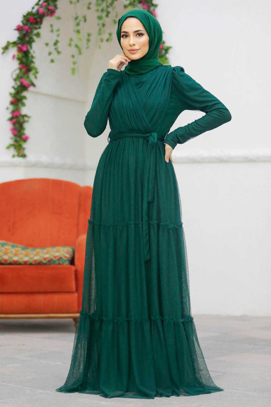 Neva Style - Long Sleeve Emerald Green Muslim Evening Dress 55621ZY