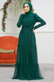 Neva Style - Long Sleeve Emerald Green Muslim Evening Dress 55621ZY - Thumbnail
