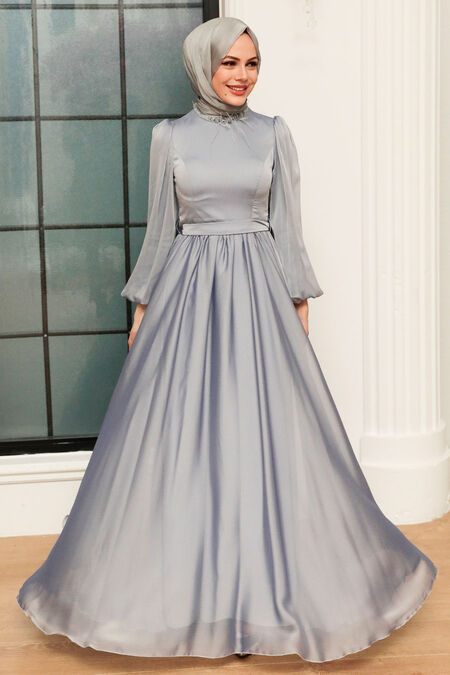 Long Sleeve Grey Islamic Prom Dress 21330GR - NEVA STYLE