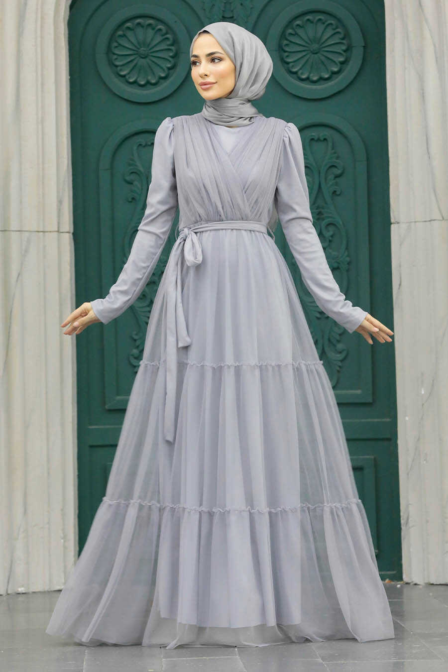 Neva Style - Long Sleeve Grey Muslim Evening Dress 55621GR