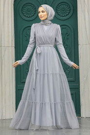 Neva Style - Long Sleeve Grey Muslim Evening Dress 55621GR - Thumbnail