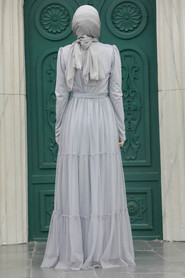 Neva Style - Long Sleeve Grey Muslim Evening Dress 55621GR - Thumbnail