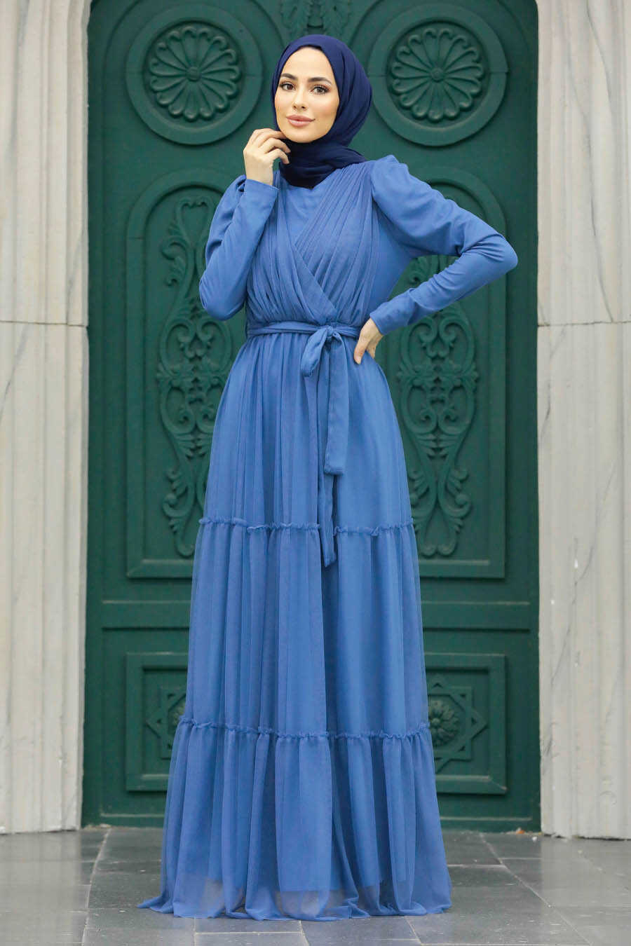Neva Style - Long Sleeve İndigo Blue Muslim Evening Dress 55621IM