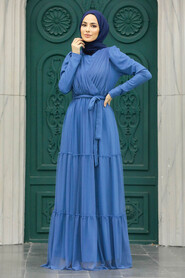 Neva Style - Long Sleeve İndigo Blue Muslim Evening Dress 55621IM - Thumbnail