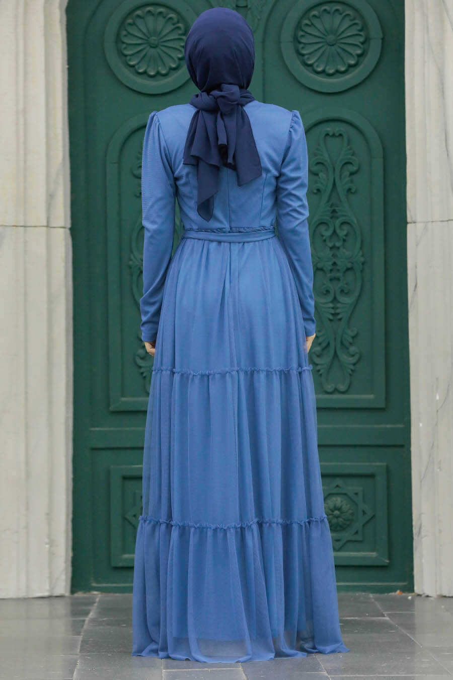 Neva Style - Long Sleeve İndigo Blue Muslim Evening Dress 55621IM