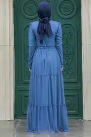 Neva Style - Long Sleeve İndigo Blue Muslim Evening Dress 55621IM - Thumbnail