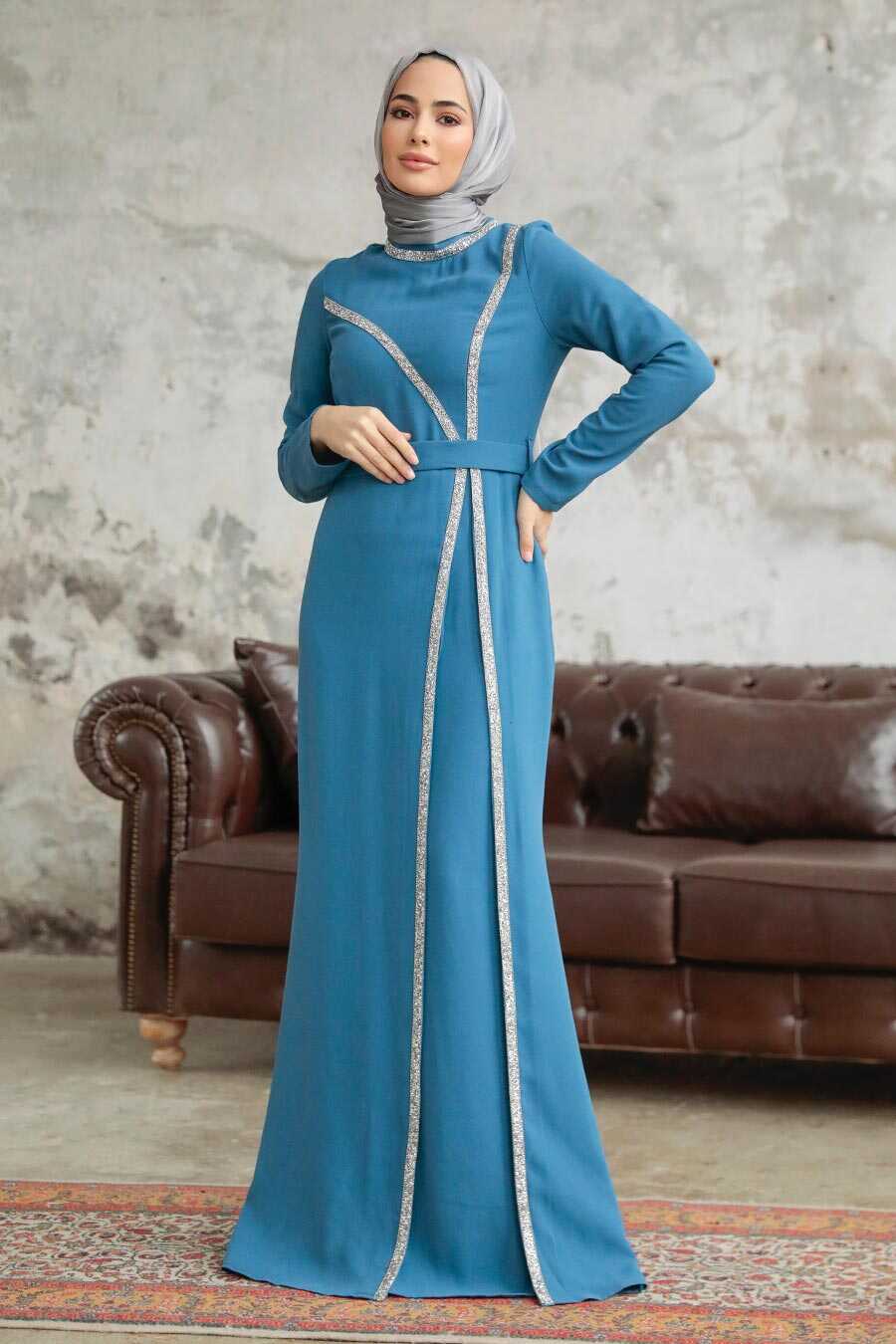 Neva Style - Long Sleeve İndigo Blue Muslim Evening Gown 37261IM