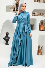  Long Sleeve İndigo Blue Muslim Wedding Gown 22431IM - 1