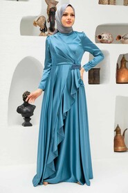  Long Sleeve İndigo Blue Muslim Wedding Gown 22431IM - 2