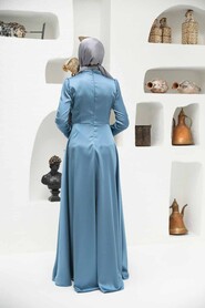  Long Sleeve İndigo Blue Muslim Wedding Gown 22431IM - 3