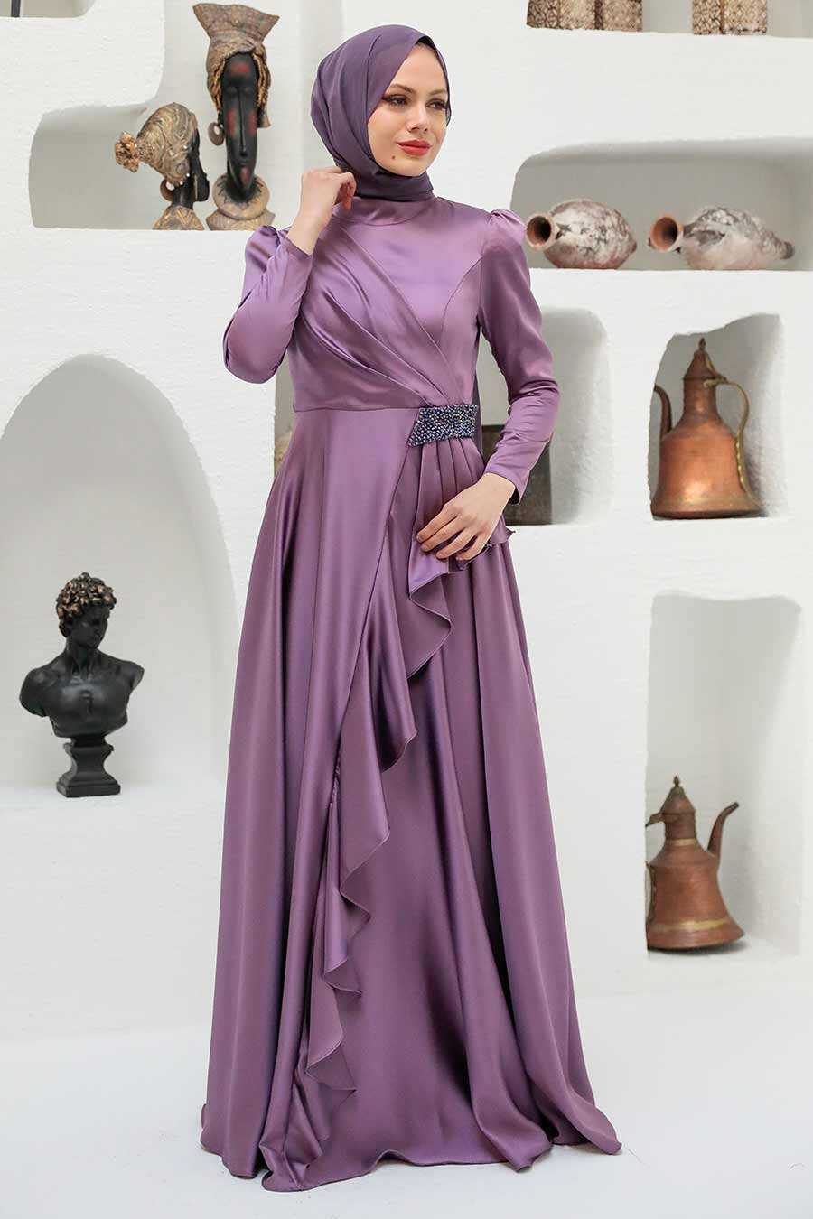 Neva Style - Purple Velvet Long Dress for Muslim Ladies 37291MOR 