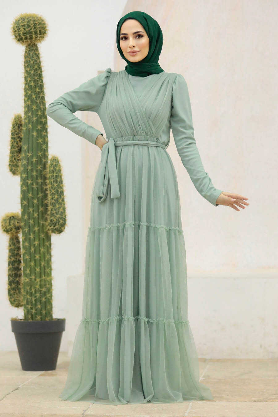 Neva Style - Long Sleeve Mint Muslim Evening Dress 55621MINT