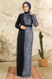  Long Sleeve Navy Blue Islamic Prom Dress 25851L - 2