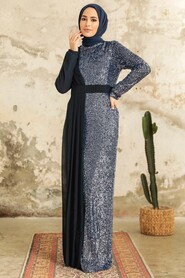  Long Sleeve Navy Blue Islamic Prom Dress 25851L - 1
