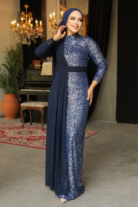  Long Sleeve Navy Blue Islamic Prom Dress 25851L - NEVA STYLE