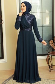 Long Sleeve Navy Blue Muslim Bridal Dress 5793L - 2