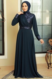  Long Sleeve Navy Blue Muslim Bridal Dress 5793L - 1