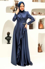  Long Sleeve Navy Blue Muslim Wedding Gown 22431L - 1
