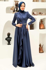  Long Sleeve Navy Blue Muslim Wedding Gown 22431L - 3