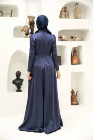  Long Sleeve Navy Blue Muslim Wedding Gown 22431L - 4