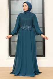  Long Sleeve Petrol Blue Islamic Dress 25819PM - 1