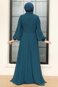  Long Sleeve Petrol Blue Islamic Dress 25819PM - 2