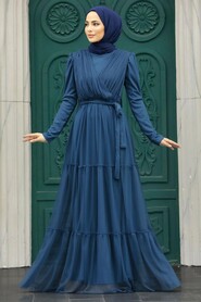  Long Sleeve Petrol Blue Muslim Evening Dress 55621PM - NEVA STYLE